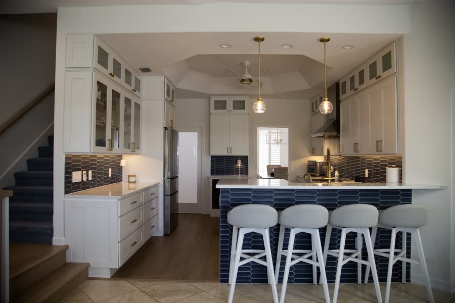 Kitchen photographed from the stair landing sightline
