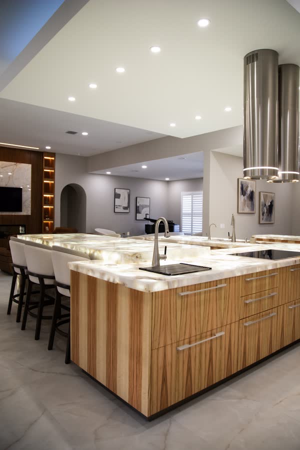 Kitchen island photographed in warm evening interior light